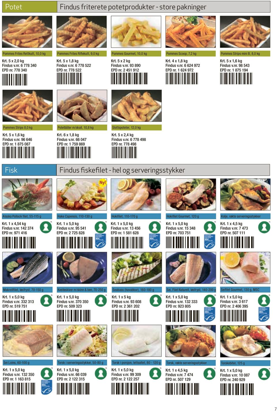 2 451 912 Krt. 4 x 1,8 kg Findus v.nr. 6 624 972 EPD nr. 1 624 972 Krt. 5 x 1,6 kg Findus v.nr. 98 543 EPD nr. 1 875 194 Pommes Strips 8,0 kg Potetbåter m/skall, 10,8 kg Krt. 5 x 1,6 kg Findus v.nr. 96 646 EPD nr.