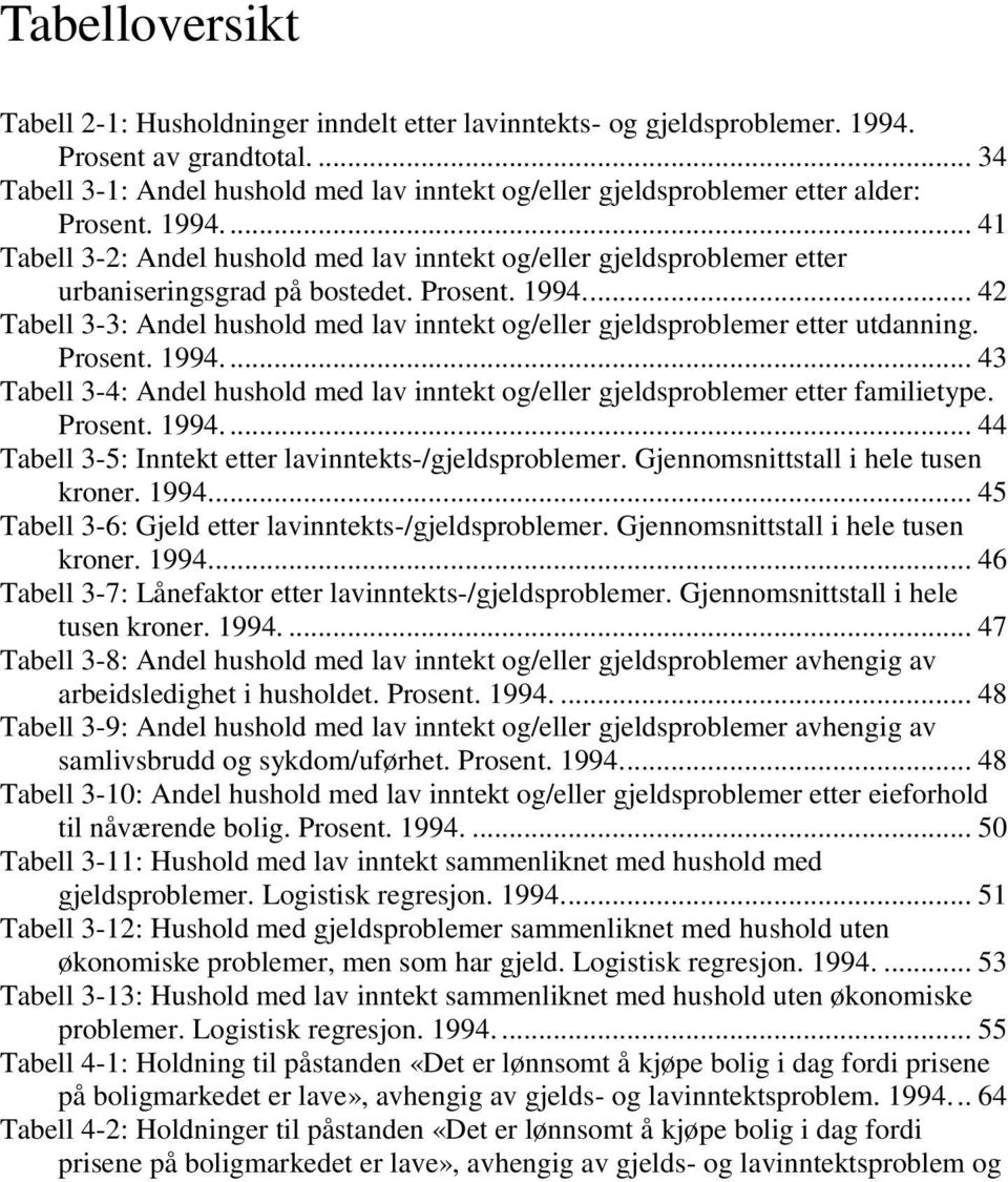 ... 41 Tabell 3-2: Andel hushold med lav inntekt og/eller gjeldsproblemer etter urbaniseringsgrad på bostedet. Prosent. 1994.