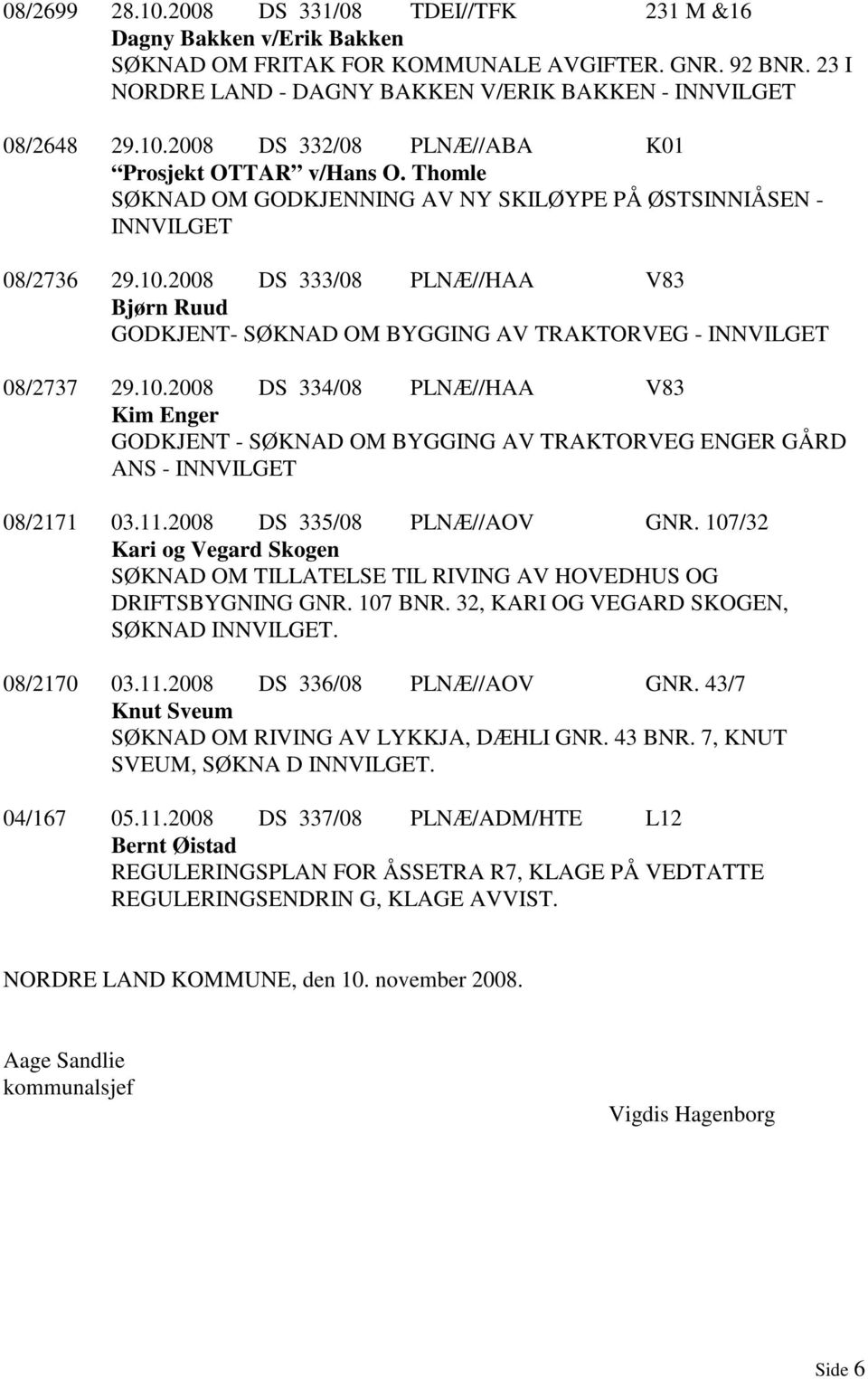 10.2008 DS 334/08 PLNÆ//HAA V83 Kim Enger GODKJENT - SØKNAD OM BYGGING AV TRAKTORVEG ENGER GÅRD ANS - INNVILGET 08/2171 03.11.2008 DS 335/08 PLNÆ//AOV GNR.