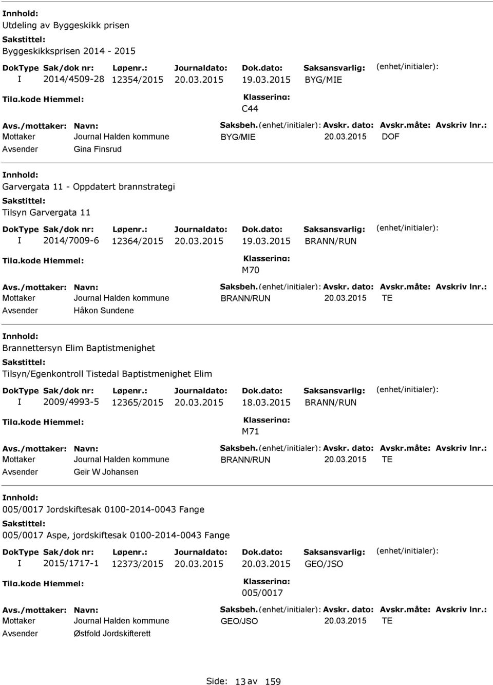 måte: Avskriv lnr.: BRANN/RUN T Avsender Håkon Sundene nnhold: Brannettersyn lim Baptistmenighet Tilsyn/genkontroll Tistedal Baptistmenighet lim 2009/4993-5 12365/2015 18.03.2015 BRANN/RUN M71 Avs.