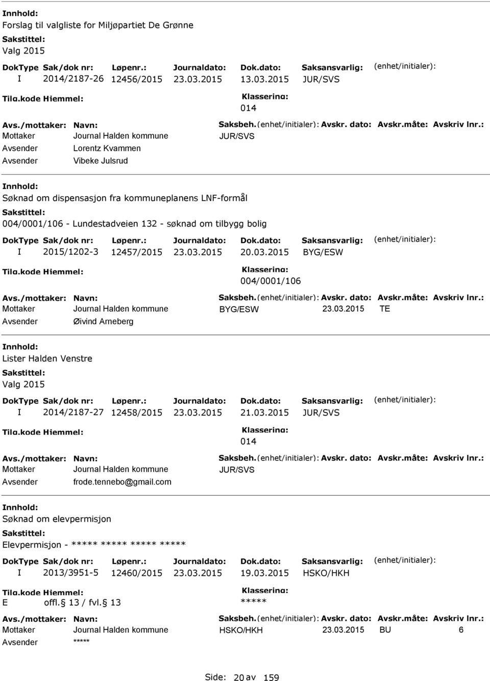 12457/2015 BYG/SW 004/0001/106 Avs./mottaker: Navn: Saksbeh. Avskr. dato: Avskr.måte: Avskriv lnr.