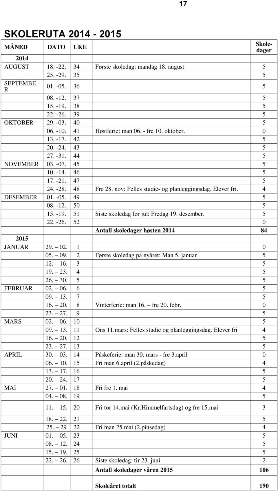 nov: Felles studie- og planleggingsdag. Elever fri. 4 DESEMBER 01. -05. 49 5 08. -12. 50 5 15. -19. 51 Siste skoledag før jul: Fredag 19. desember. 5 22. -26.