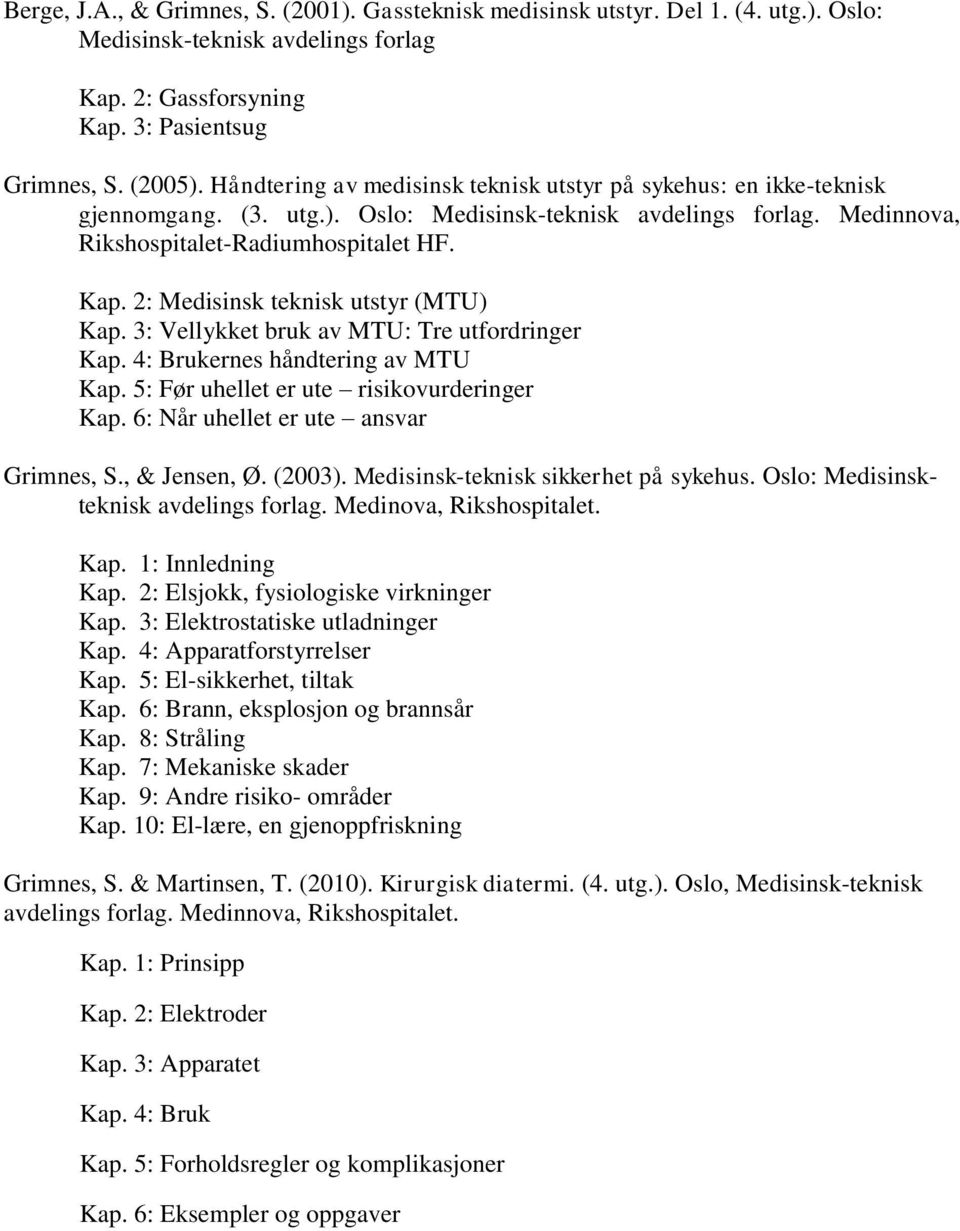 2: Medisinsk teknisk utstyr (MTU) Kap. 3: Vellykket bruk av MTU: Tre utfordringer Kap. 4: Brukernes håndtering av MTU Kap. 5: Før uhellet er ute risikovurderinger Kap.