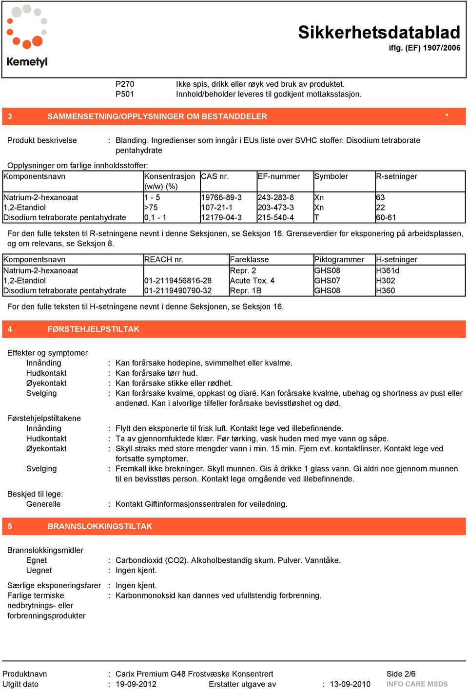 EF-nummer Symboler R-setninger (w/w) (%) Natrium-2-hexanoaat 1-5 19766-89-3 243-283-8 Xn 63 1,2-Etandiol >75 107-21-1 203-473-3 Xn 22 Disodium tetraborate pentahydrate 0,1-1 12179-04-3 215-540-4 T