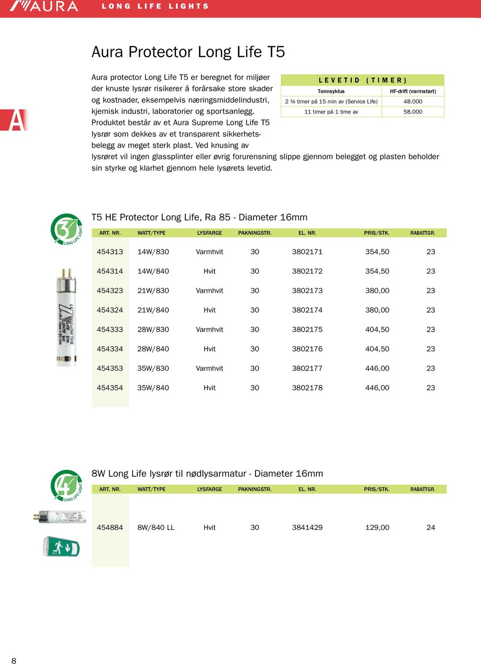 Produktet består av et Aura Supreme Long Life T5 lysrør som dekkes av et transparent sikkerhetsbelegg av meget sterk plast. Ved knusing av 11 timer på 1 time av 58.