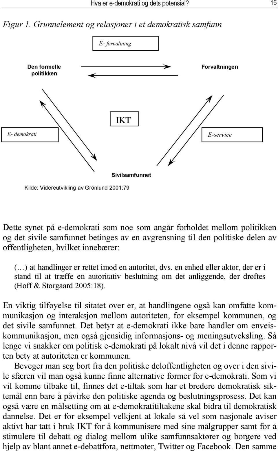 synet på e-demokrati som noe som angår forholdet mellom politikken og det sivile samfunnet betinges av en avgrensning til den politiske delen av offentligheten, hvilket innebærer: ( ) at handlinger