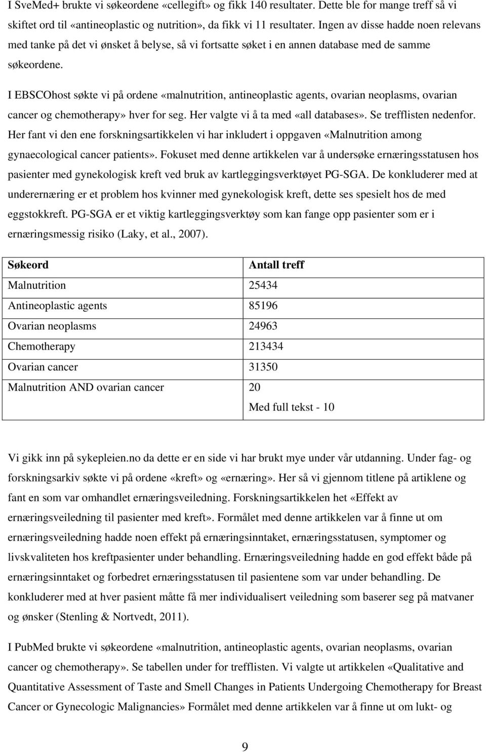 I EBSCOhost søkte vi på ordene «malnutrition, antineoplastic agents, ovarian neoplasms, ovarian cancer og chemotherapy» hver for seg. Her valgte vi å ta med «all databases». Se trefflisten nedenfor.