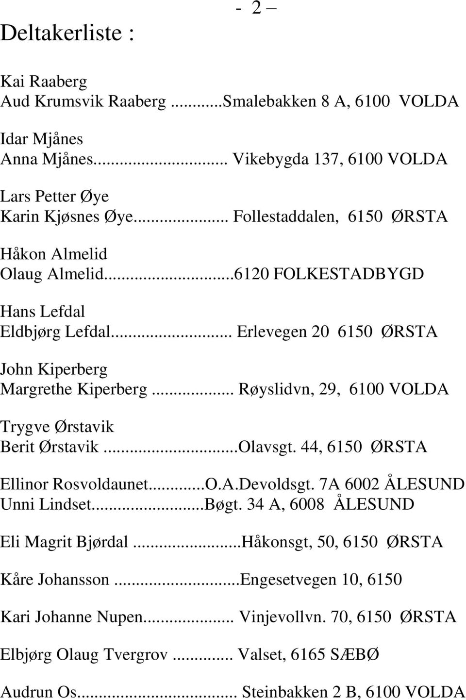 .. Røyslidvn, 29, 6100 VOLDA Trygve Ørstavik Berit Ørstavik...Olavsgt. 44, 6150 ØRSTA Ellinor Rosvoldaunet...O.A.Devoldsgt. 7A 6002 ÅLESUND Unni Lindset...Bøgt.