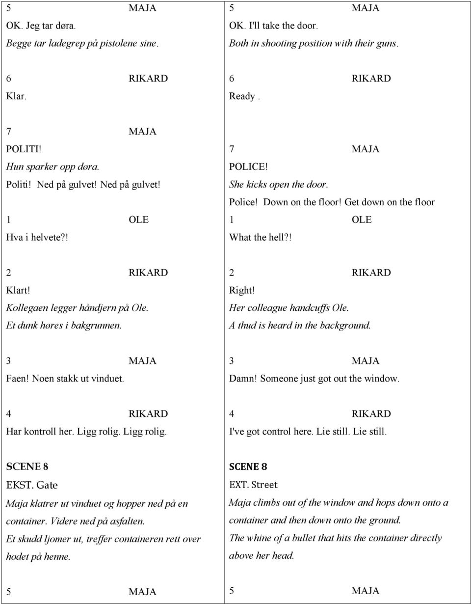 Et dunk høres i bakgrunnen. Right! Her colleague handcuffs Ole. A thud is heard in the background. Faen! Noen stakk ut vinduet. Damn! Someone just got out the window. 4 RIKARD Har kontroll her.