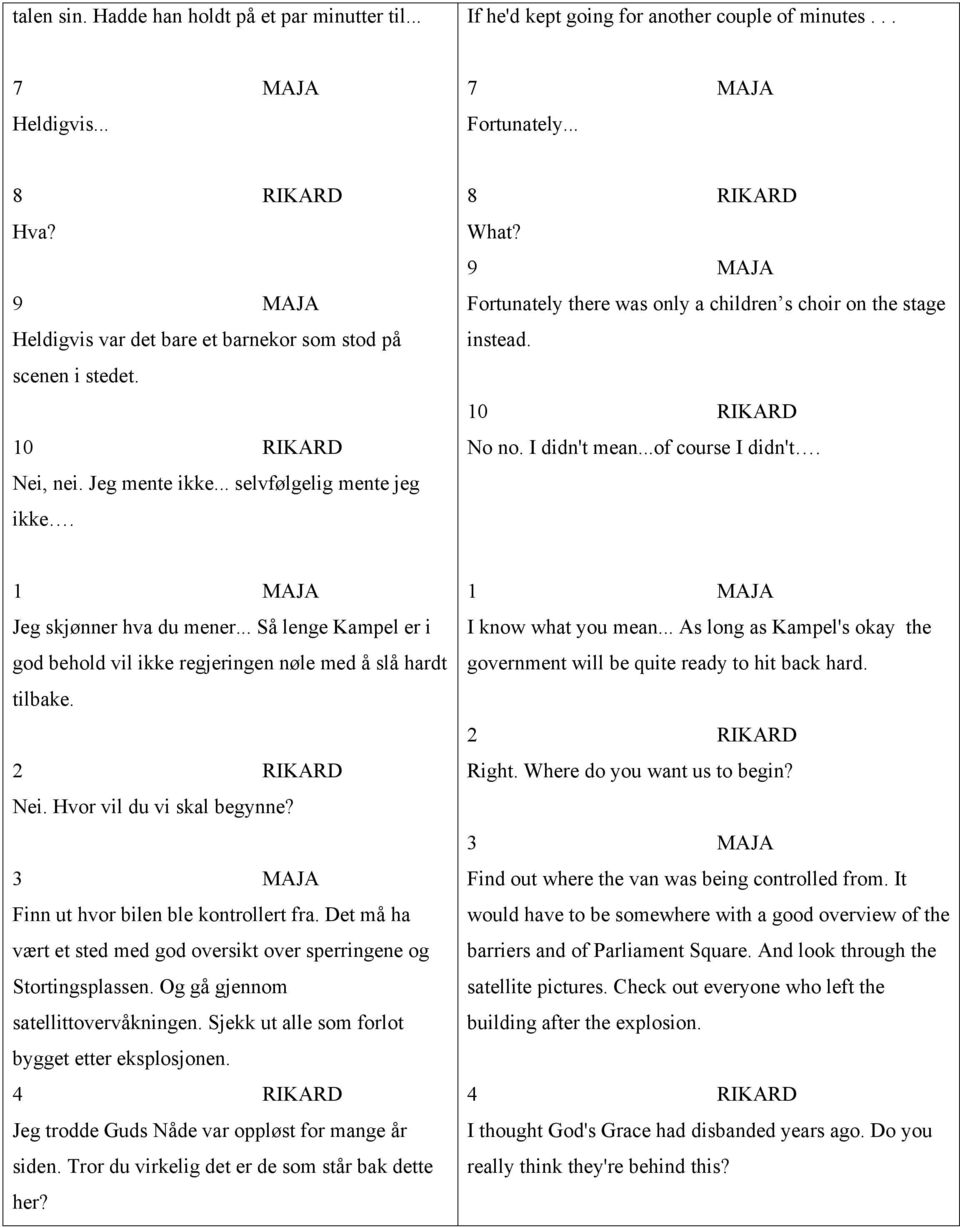 9 MAJA Fortunately there was only a children s choir on the stage instead. 10 RIKARD No no. I didn't mean...of course I didn't. Jeg skjønner hva du mener.