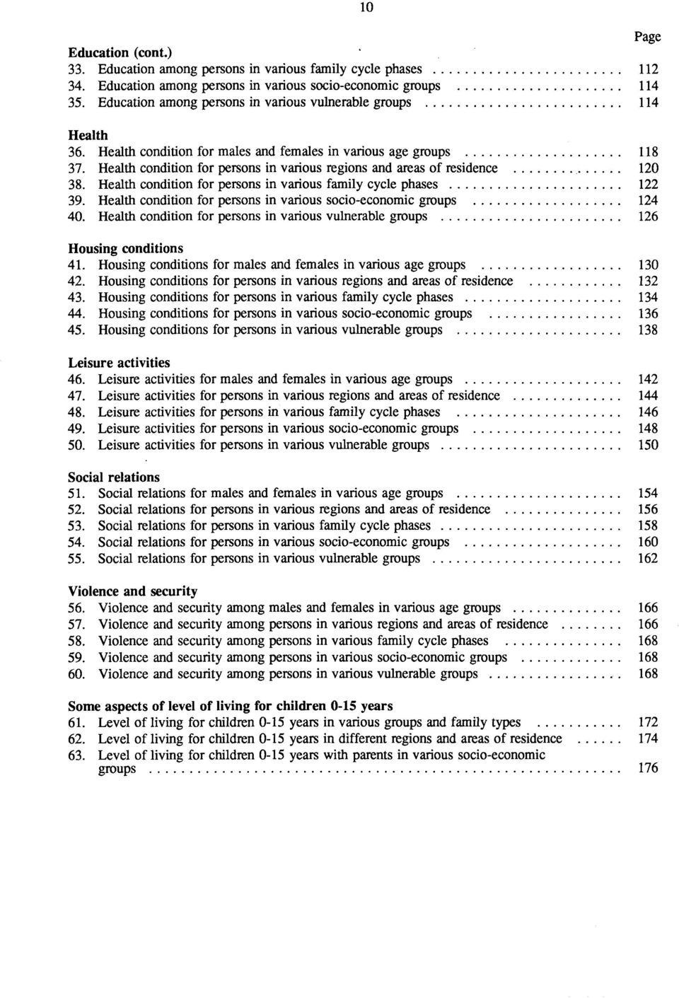 Health condition for persons in various regions and areas of residence 120 38. Health condition for persons in various family cycle phases 122 39.