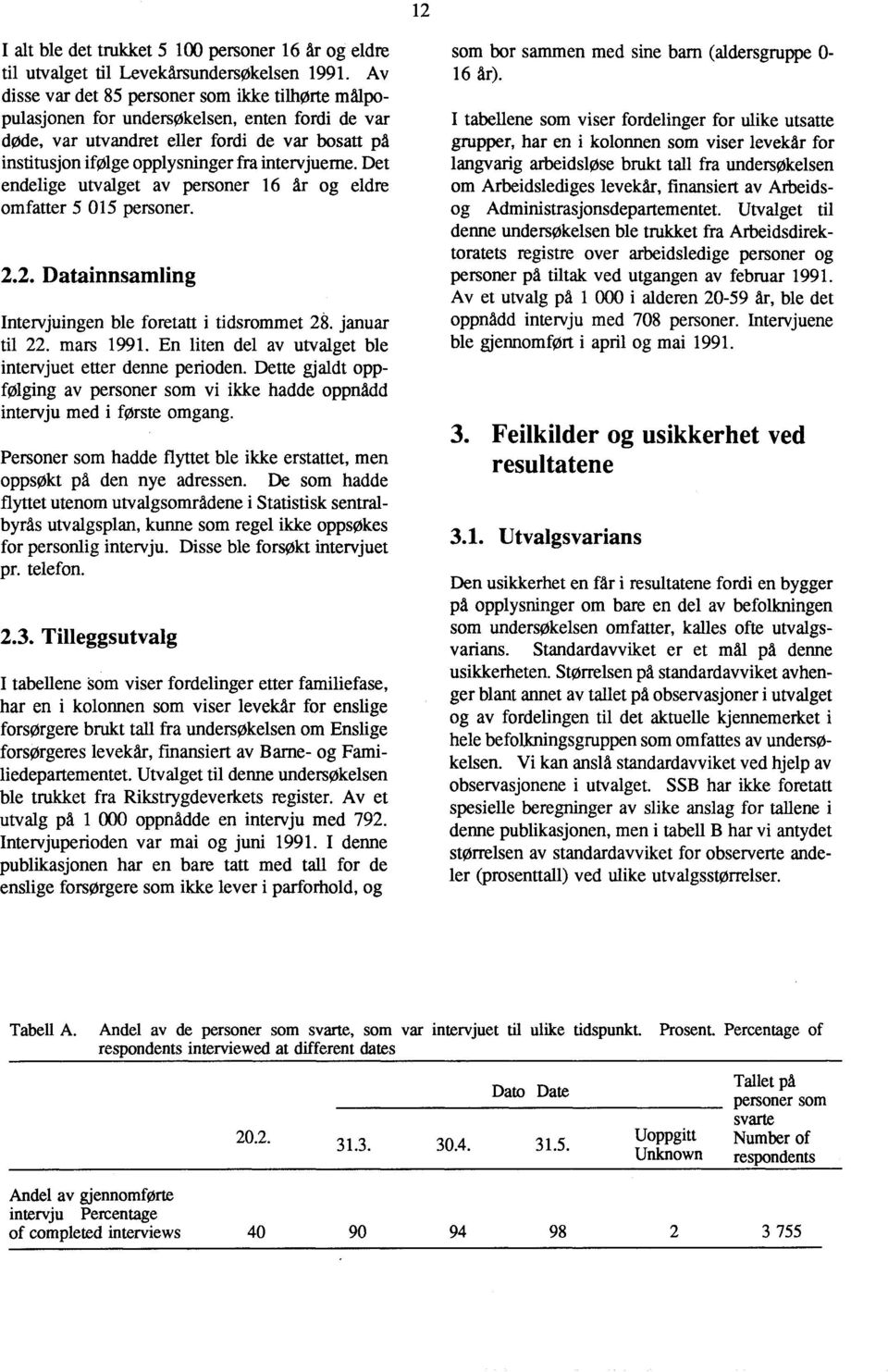 Det endelige utvalget av personer 16 dr og eldre omfatter 5 015 personer. 2.2. Datainnsamling Intervjuingen ble foretatt i tidsrommet 28. januar til 22. mars 1991.