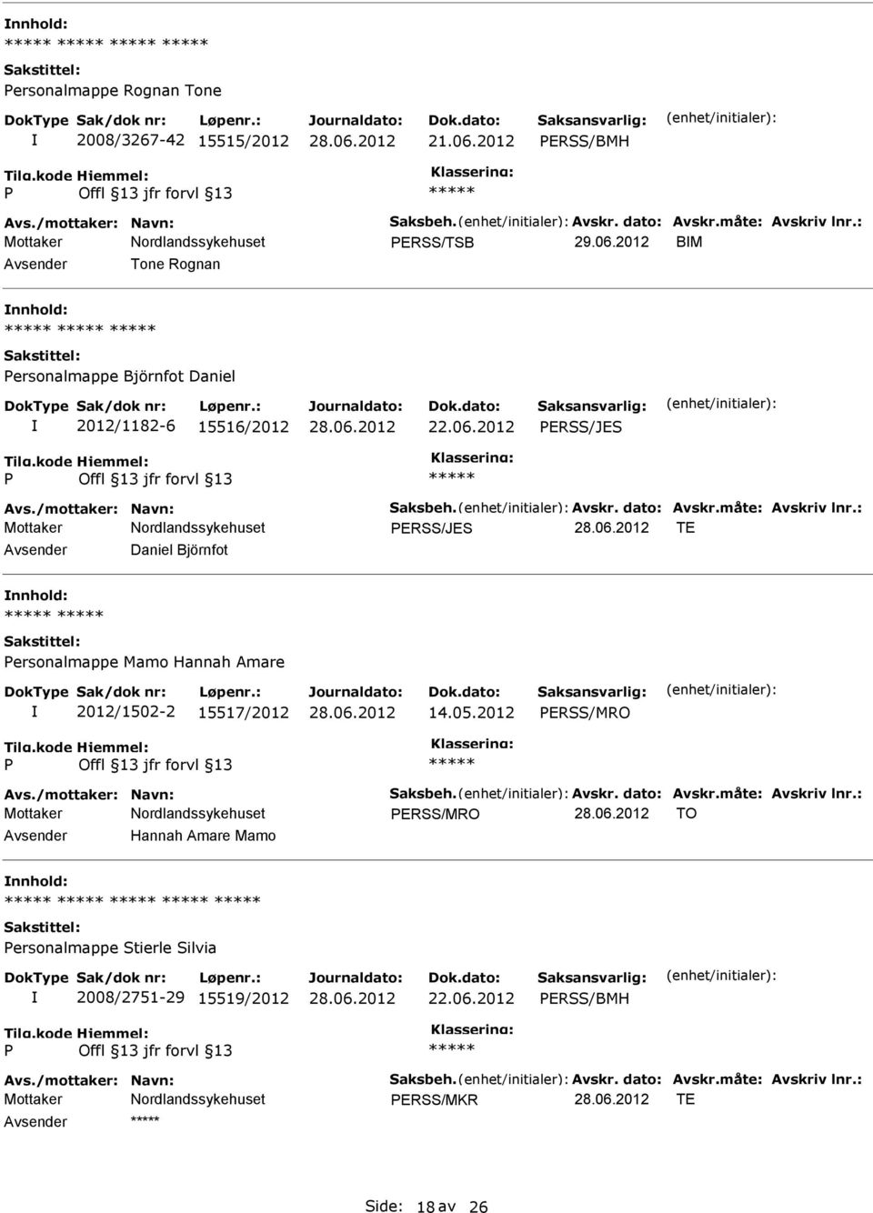 05.2012 ERSS/MRO Avs./mottaker: Navn: Saksbeh. Avskr. dato: Avskr.måte: Avskriv lnr.: ERSS/MRO TO Hannah Amare Mamo ersonalmappe Stierle Silvia 2008/2751-29 15519/2012 22.