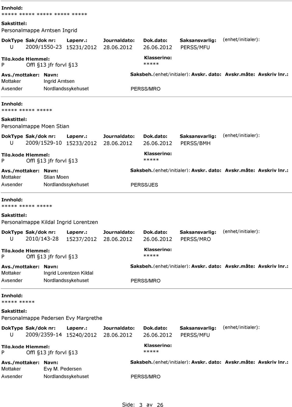 : Mottaker Stian Moen ERSS/JES ersonalmappe Kildal ngrid Lorentzen 2010/143-28 15237/2012 ERSS/MRO Avs./mottaker: Navn: Saksbeh. Avskr. dato: Avskr.måte: Avskriv lnr.