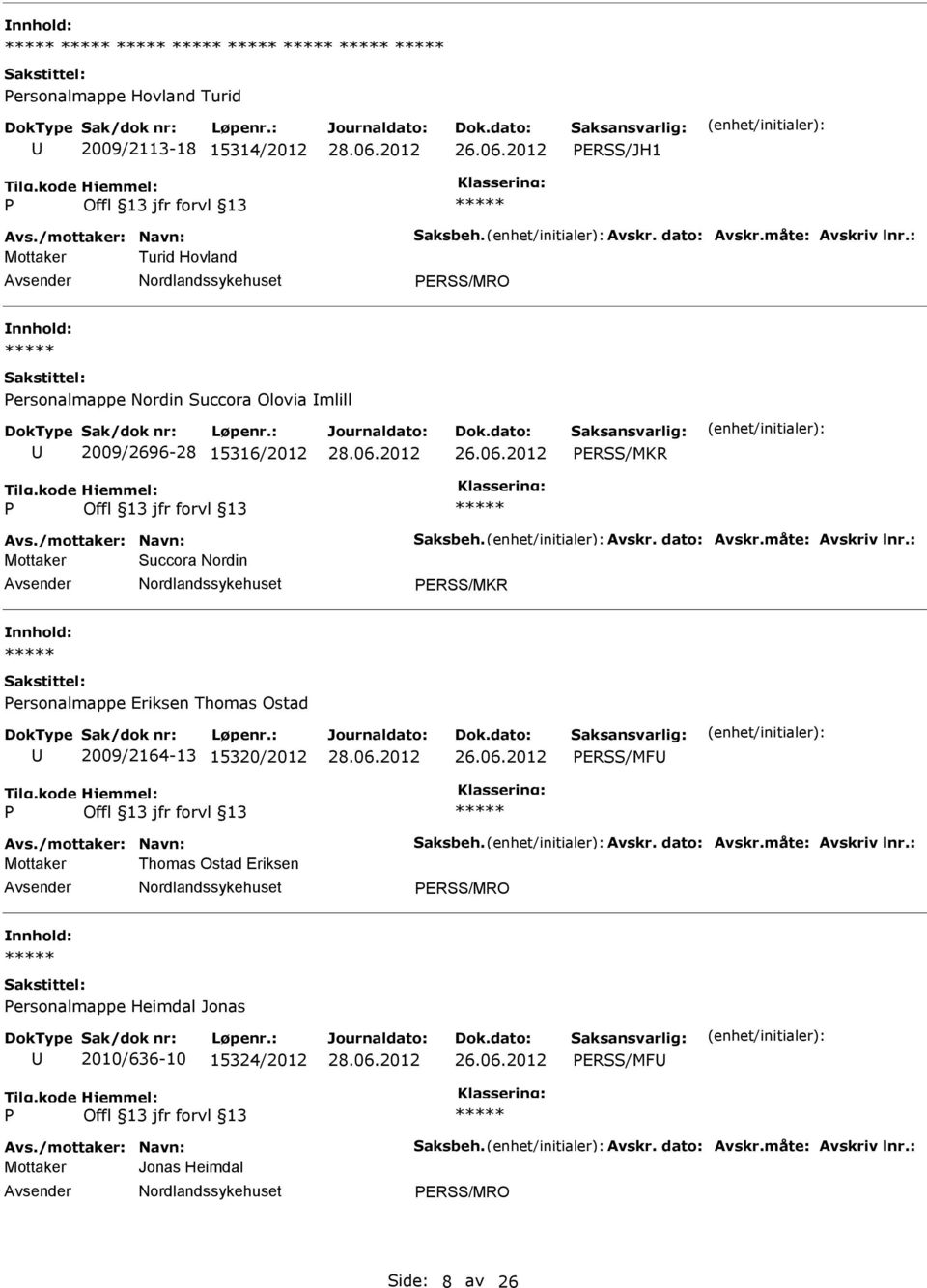 måte: Avskriv lnr.: Mottaker Succora Nordin ERSS/MKR ersonalmappe Eriksen Thomas Ostad 2009/2164-13 15320/2012 ERSS/MF Avs./mottaker: Navn: Saksbeh. Avskr. dato: Avskr.