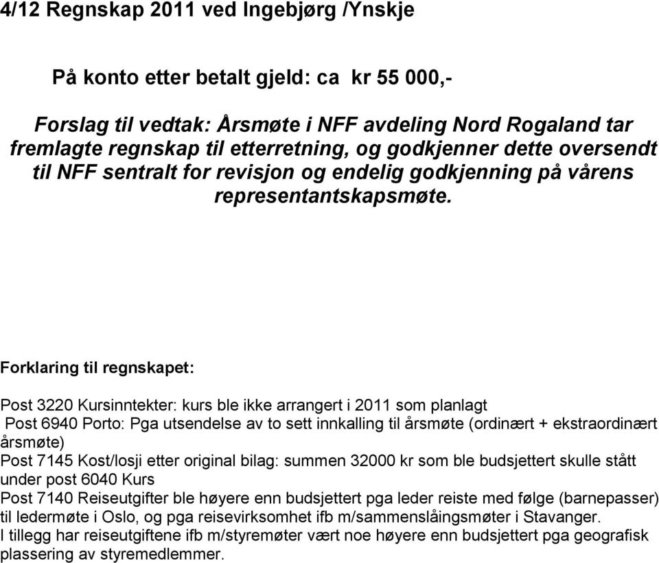 Forklaring til regnskapet: Post 3220 Kursinntekter: kurs ble ikke arrangert i 2011 som planlagt Post 6940 Porto: Pga utsendelse av to sett innkalling til årsmøte (ordinært + ekstraordinært årsmøte)