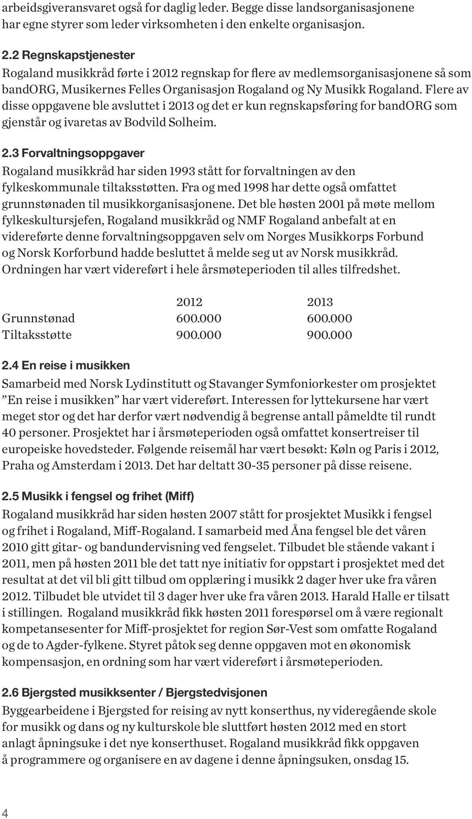 Flere av disse oppgavene ble avsluttet i 2013 og det er kun regnskapsføring for bandorg som gjenstår og ivaretas av Bodvild Solheim. 2.3 Forvaltningsoppgaver Rogaland musikkråd har siden 1993 stått for forvaltningen av den fylkeskommunale tiltaksstøtten.