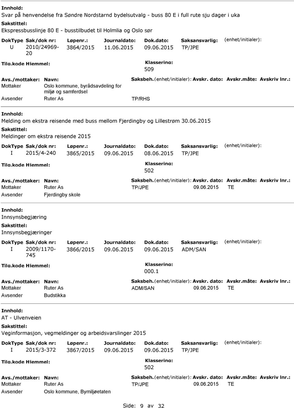 : Oslo kommune, byrådsavdeling for miljø og samferdsel Ruter As TP/RHS nnhold: Melding om ekstra reisende med buss mellom Fjerdingby og Lillestrøm 30.06.2015 2015/4-240 3865/2015 Avs.