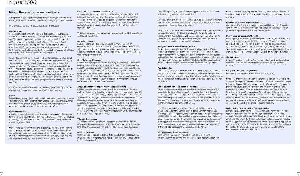 Konsolidering Konsernregnskapet omfatter banken og datterselskaper hvor banken direkte eller indirekte alene eller sammen med datterselskaper eier mer enn 50 prosent og/eller har bestemmende