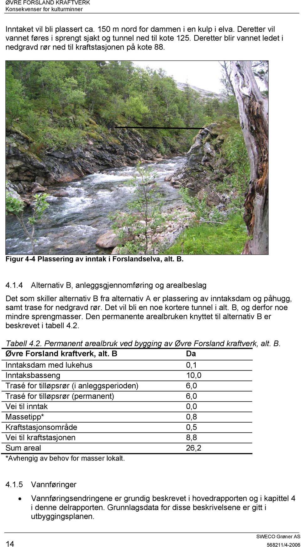 4 Alternativ B, anleggsgjennomføring og arealbeslag Det som skiller alternativ B fra alternativ A er plassering av inntaksdam og påhugg, samt trase for nedgravd rør.