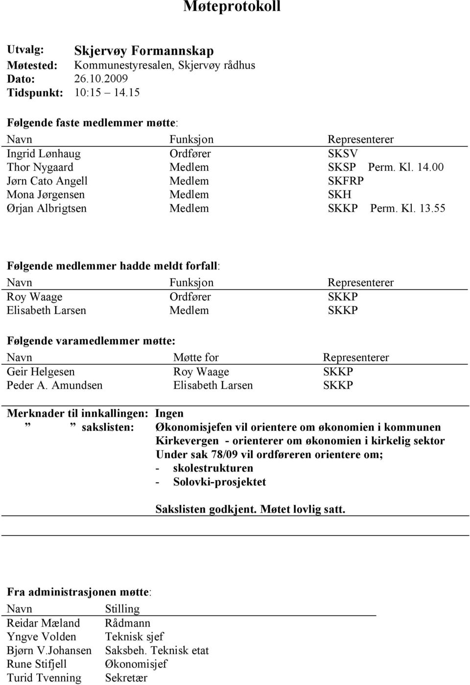 00 Jørn Cato Angell Medlem SKFRP Mona Jørgensen Medlem SKH Ørjan Albrigtsen Medlem SKKP Perm. Kl. 13.