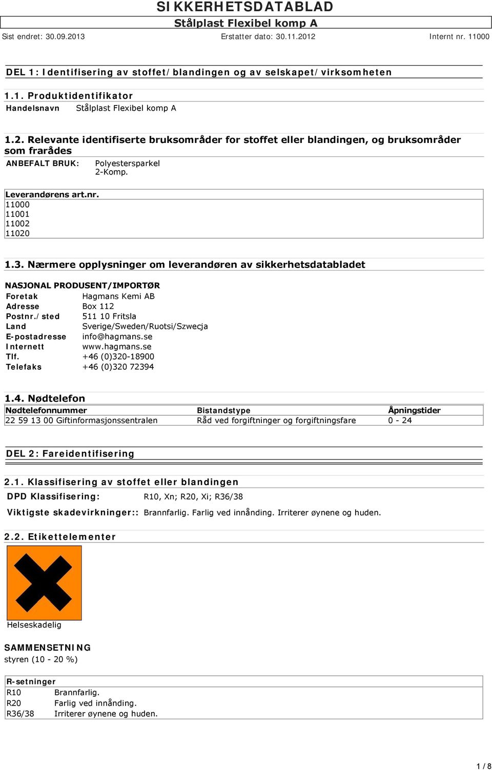Nærmere opplysninger om leverandøren av sikkerhetsdatabladet NASJONAL PRODUSENT/IMPORTØR Foretak Hagmans Kemi AB Adresse Box 112 Postnr.