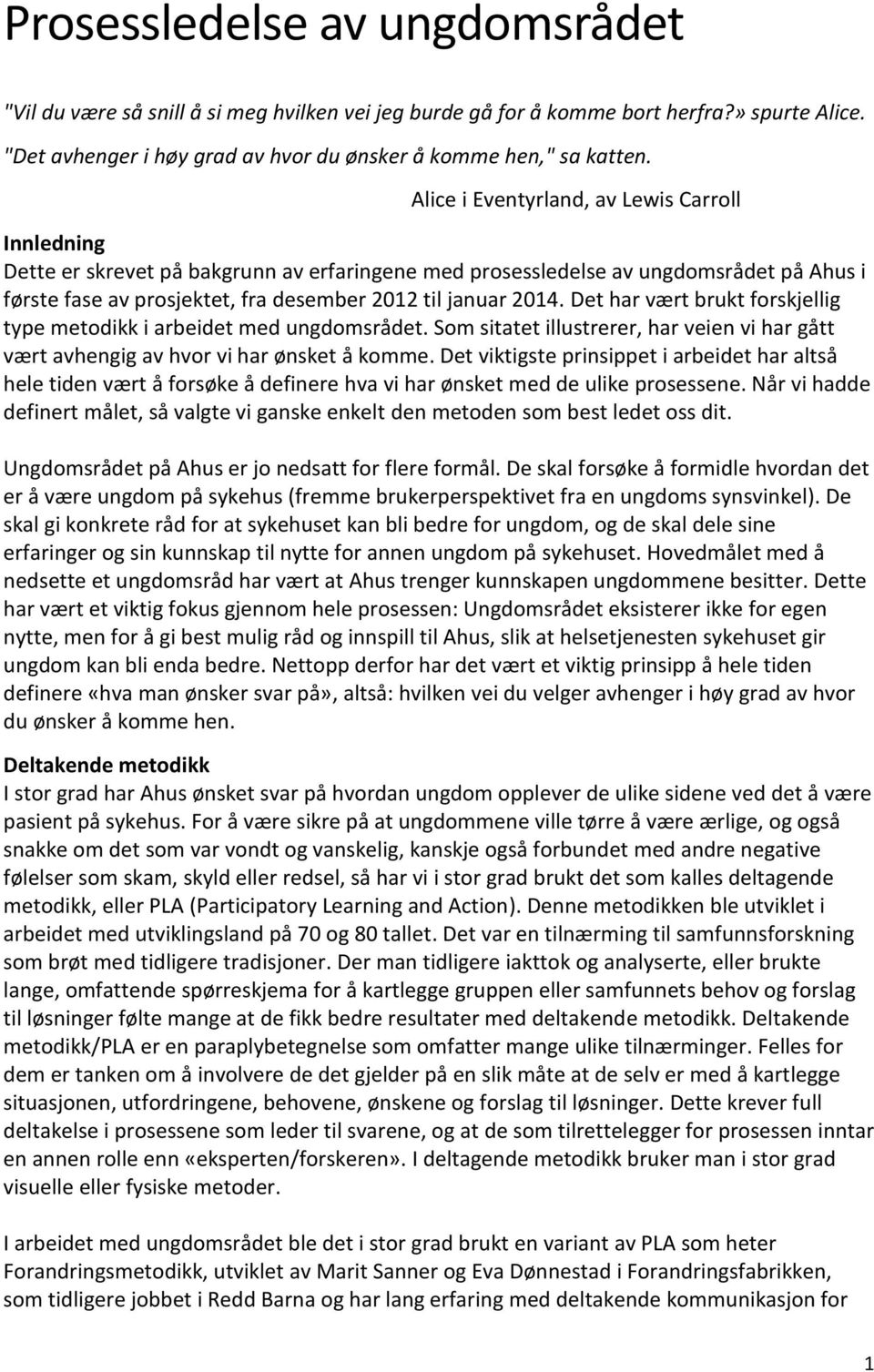 Det har vært brukt forskjellig type metodikk i arbeidet med ungdomsrådet. Som sitatet illustrerer, har veien vi har gått vært avhengig av hvor vi har ønsket å komme.