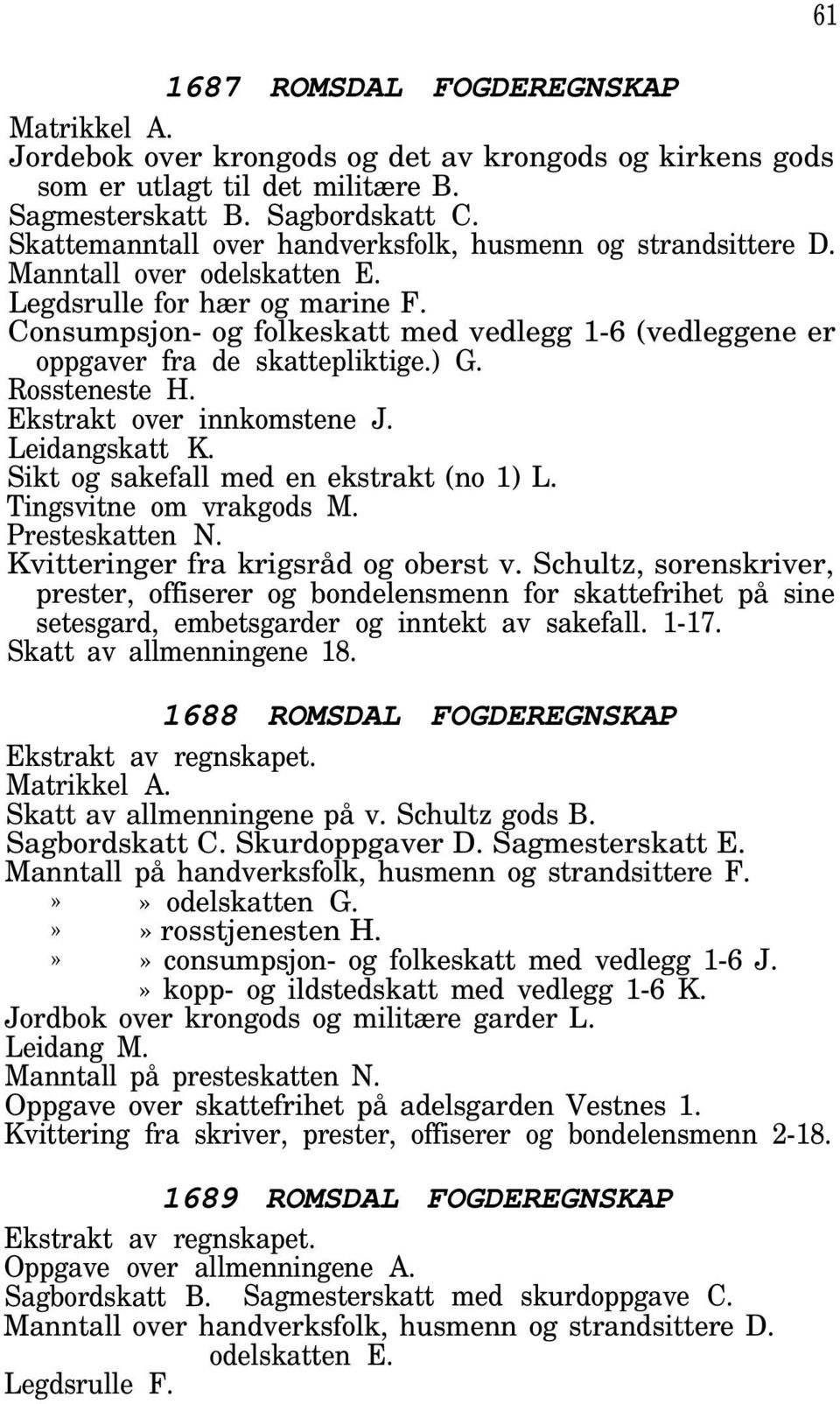 Consumpsjon- og folkeskatt med vedlegg 1-6 (vedleggene er oppgaver fra de skattepliktige.) G. Rossteneste H. Ekstrakt over innkomstene J. Leidangskatt K. Sikt og sakefall med en ekstrakt (no 1) L.