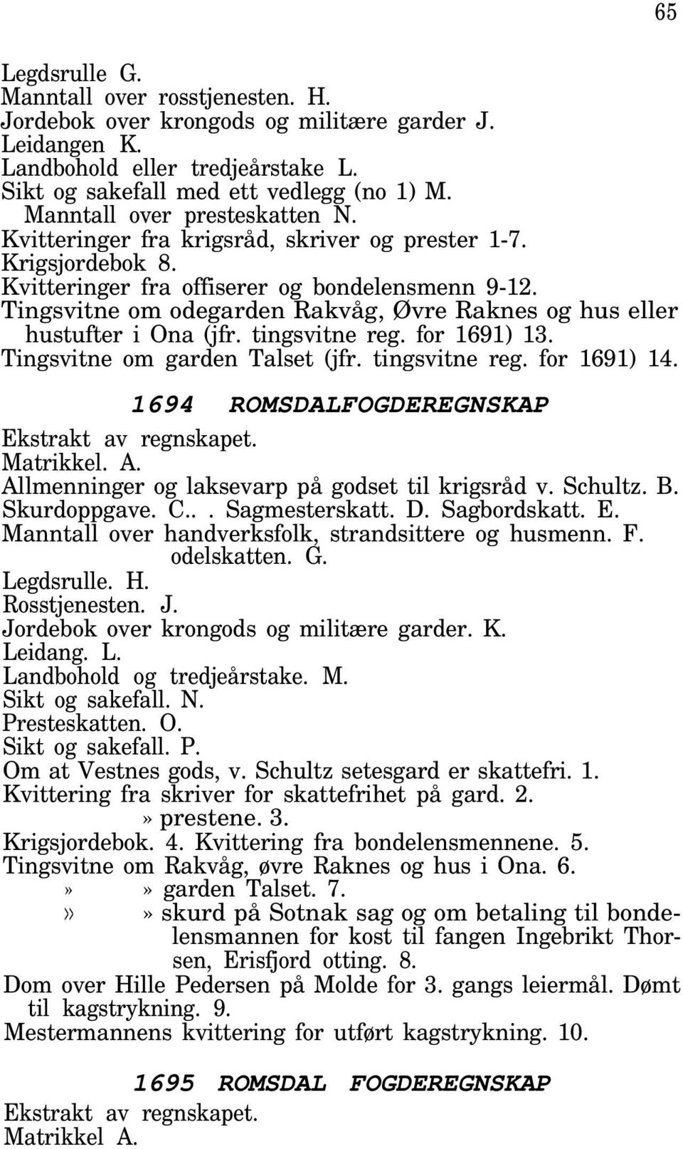 Tingsvitne om odegarden Rakvåg, Øvre Raknes og hus eller hustufter i Ona (jfr. tingsvitne reg. for 1691) 13. Tingsvitne om garden Talset (jfr. tingsvitne reg. for 1691) 14.