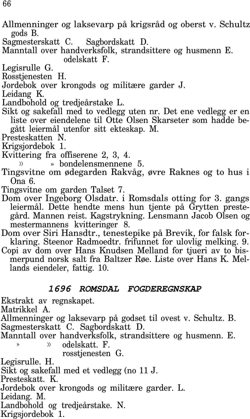 Det ene vedlegg er en liste over eiendelene til Otte Olsen Skarseter som hadde begått leiermål utenfor sitt ekteskap. M. Presteskatten N. Krigsjordebok 1. Kvittering fra offiserene 2, 3, 4.