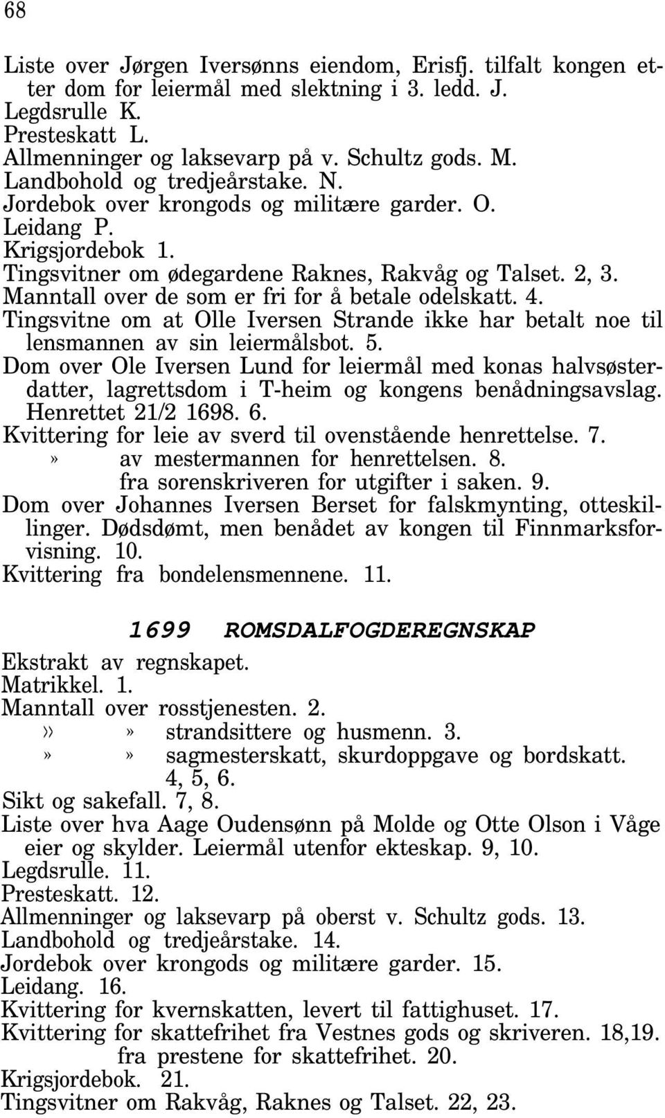 Manntall over de som er fri for å betale odelskatt. 4. Tingsvitne om at Olle Iversen Strande ikke har betalt noe til lensmannen av sin leiermålsbot. 5.