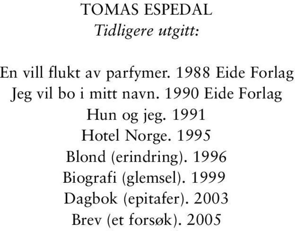 1990 Eide Forlag Hun og jeg. 1991 Hotel Norge.