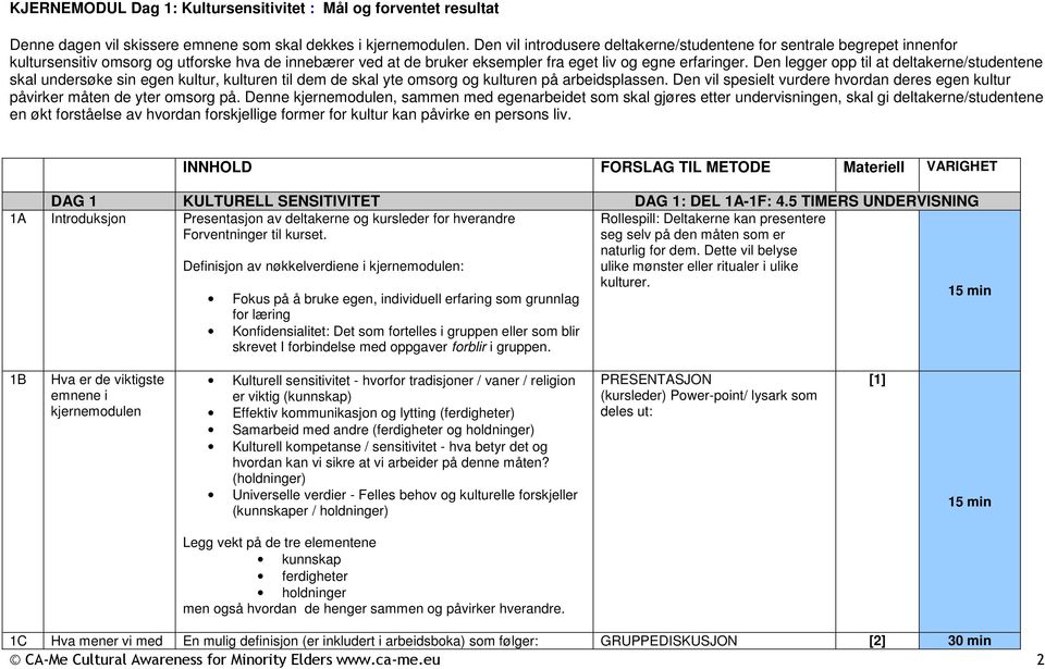 Den legger opp til at deltakerne/studentene skal undersøke sin egen kultur, kulturen til dem de skal yte omsorg og kulturen på arbeidsplassen.