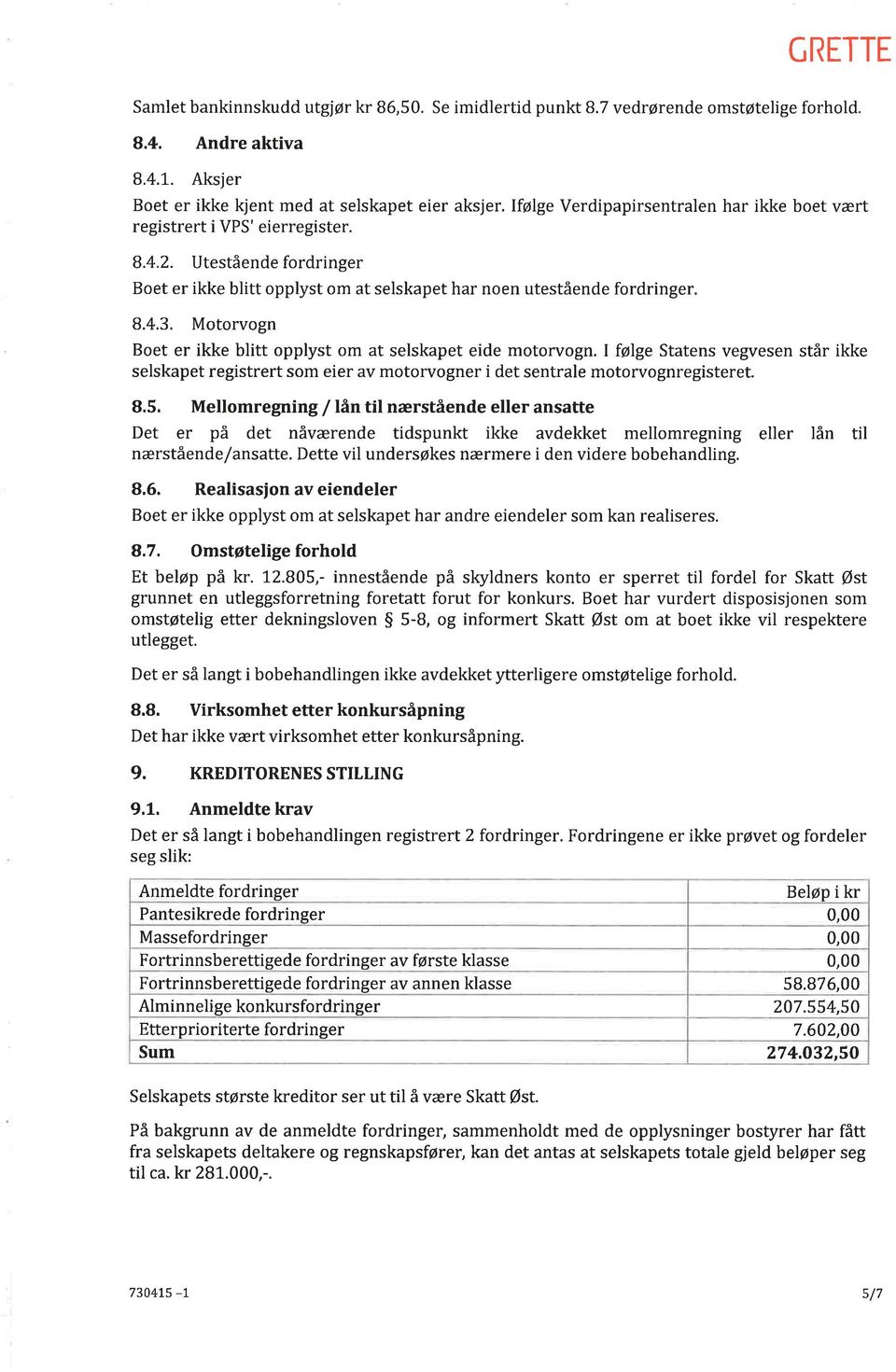 Motorvogn Boet er ikke blitt opplyst om at selskapet eide motorvogn. I følge Statens vegvesen står ikke selskapet registrert som eier av motorvogner i det sentrale motorvognregisteret. 8.5.