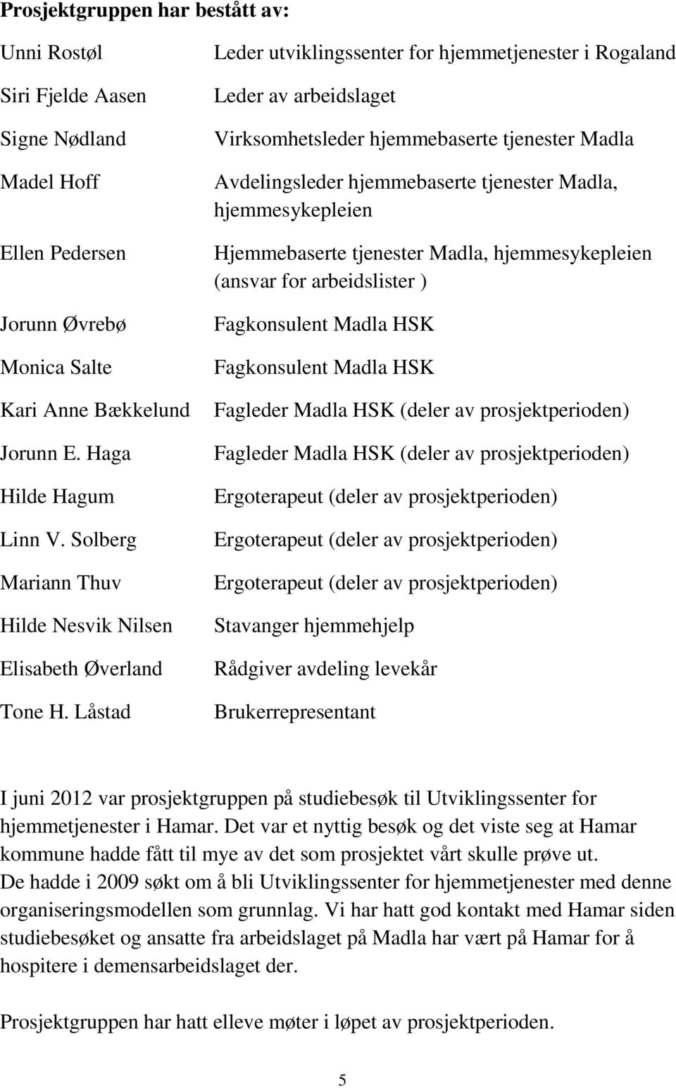 Låstad Leder utviklingssenter for hjemmetjenester i Rogaland Leder av arbeidslaget Virksomhetsleder hjemmebaserte tjenester Madla Avdelingsleder hjemmebaserte tjenester Madla, hjemmesykepleien