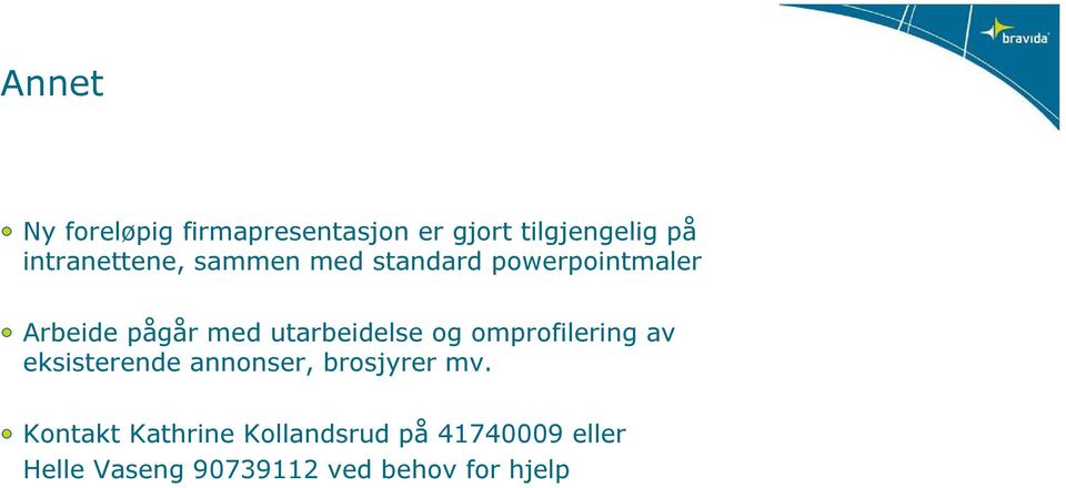 utarbeidelse og omprofilering av eksisterende annonser, brosjyrer mv.