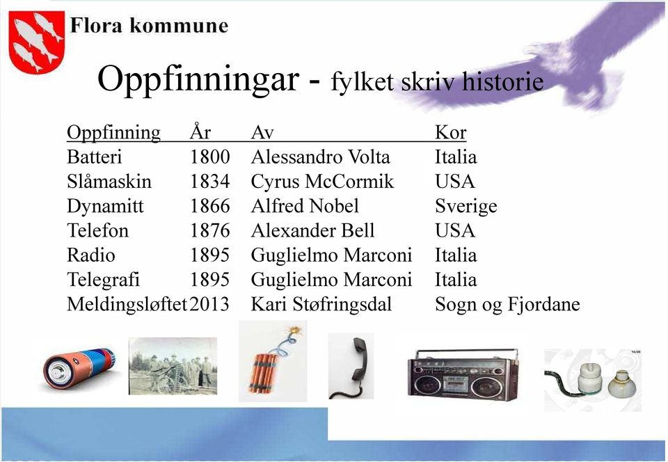 McCormik USA Dynamitt 1866 Alfred Nobel Sverige Telefon 1876 Alexander Bell USA Radio 1895 Guglielmo