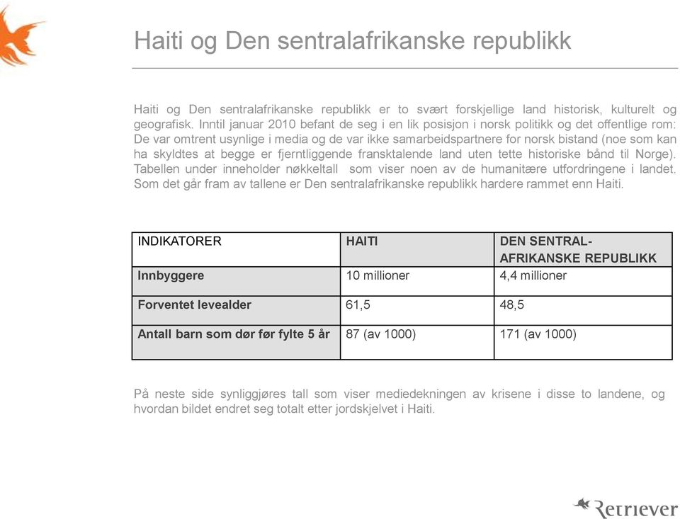 at begge er fjerntliggende fransktalende land uten tette historiske bånd til Norge). Tabellen under inneholder nøkkeltall som viser noen av de humanitære utfordringene i landet.