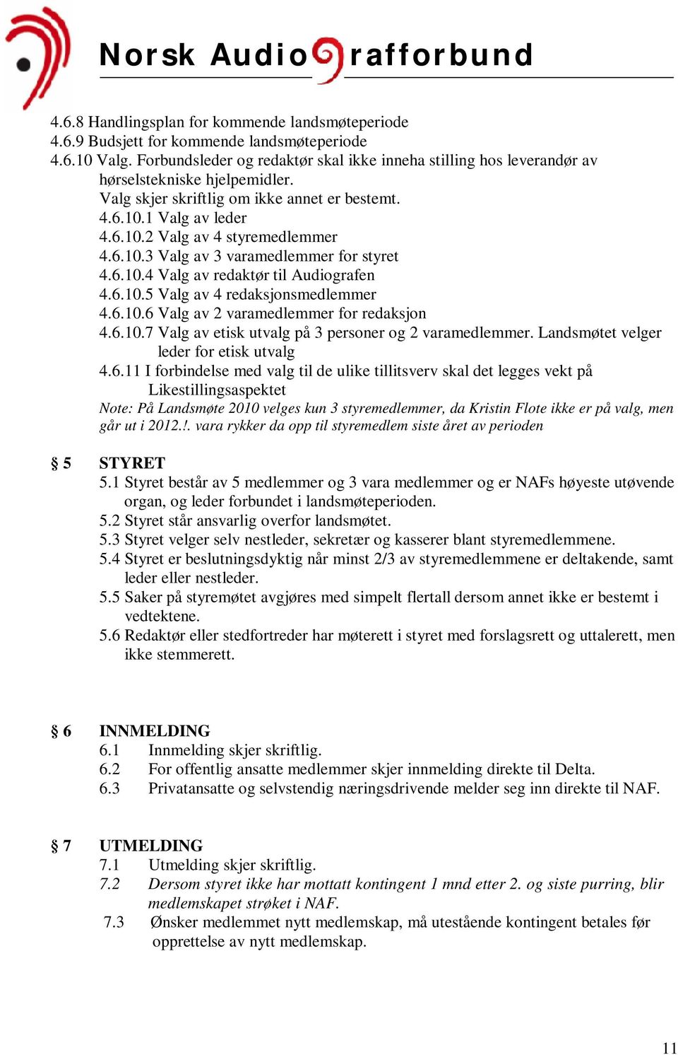 6.10.3 Valg av 3 varamedlemmer for styret 4.6.10.4 Valg av redaktør til Audiografen 4.6.10.5 Valg av 4 redaksjonsmedlemmer 4.6.10.6 Valg av 2 varamedlemmer for redaksjon 4.6.10.7 Valg av etisk utvalg på 3 personer og 2 varamedlemmer.