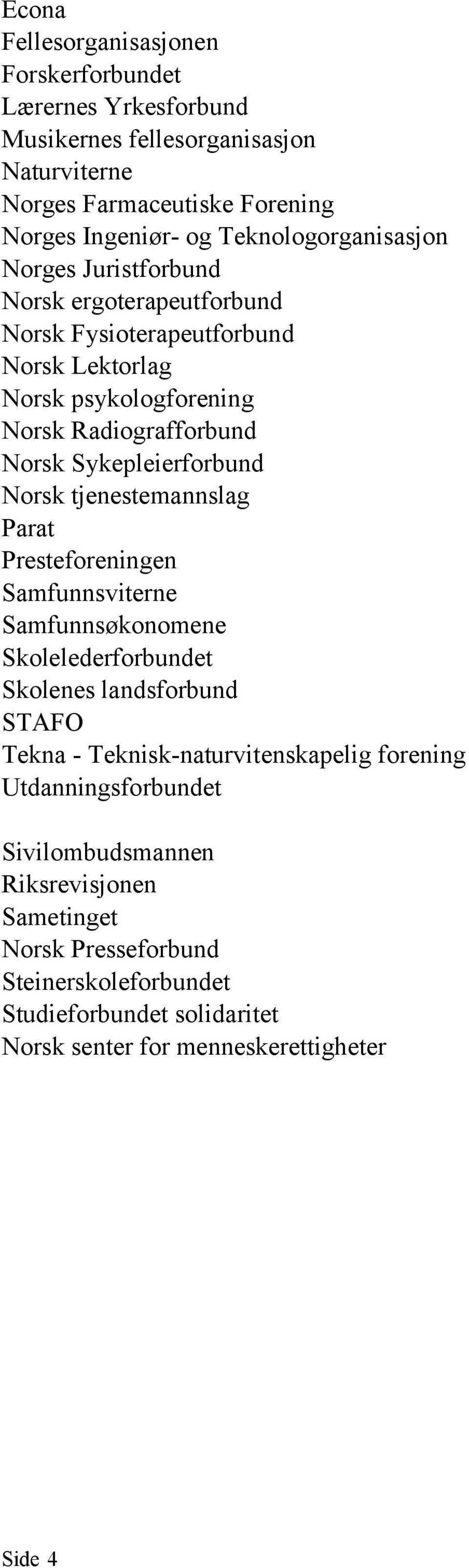 Sykepleierforbund Norsk tjenestemannslag Parat Presteforeningen Samfunnsviterne Samfunnsøkonomene Skolelederforbundet Skolenes landsforbund STAFO Tekna -