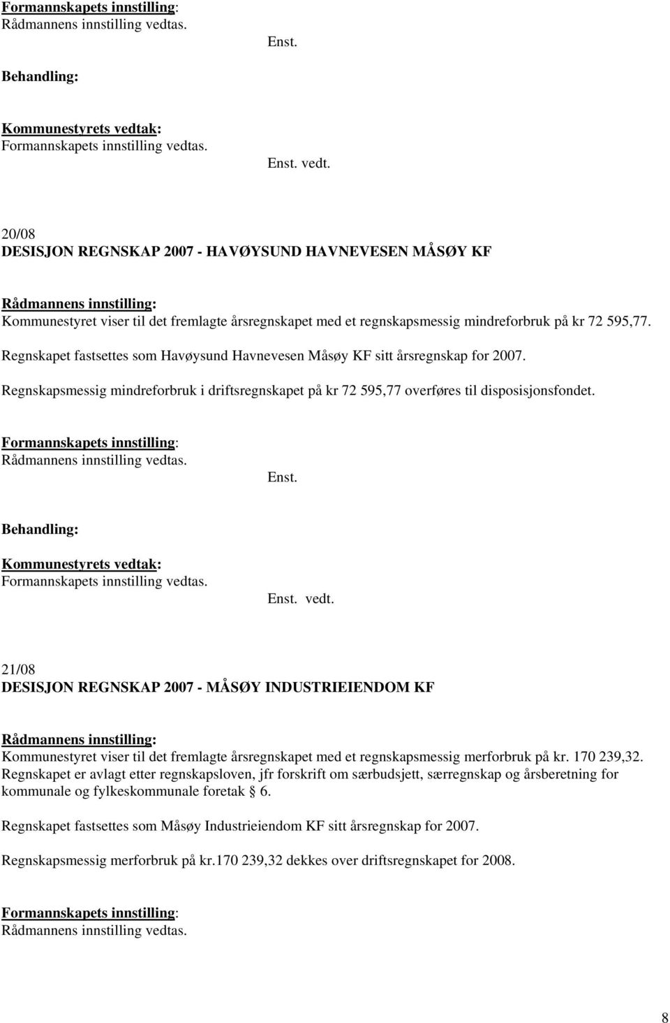 Regnskapet fastsettes som Havøysund Havnevesen Måsøy KF sitt årsregnskap for 2007. Regnskapsmessig mindreforbruk i driftsregnskapet på kr 72 595,77 overføres til disposisjonsfondet.