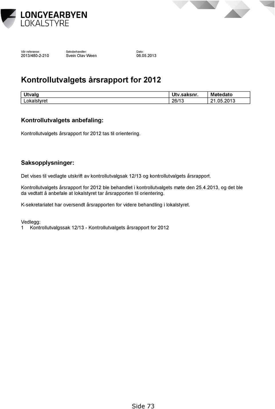 Kontrollutvalgets årsrapport for 2012 ble behandlet i kontrollutvalgets møte den 25.4.2013, og det ble da vedtatt å anbefale at lokalstyret tar årsrapporten til orientering.