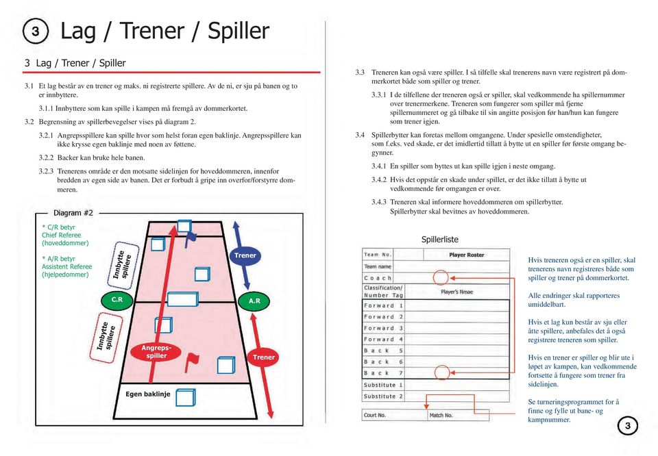 3.2.3 Trenerens område er den motsatte sidelinjen for hoveddommeren, innenfor bredden av egen side av banen. Det er forbudt å gripe inn overfor/forstyrre dommeren.