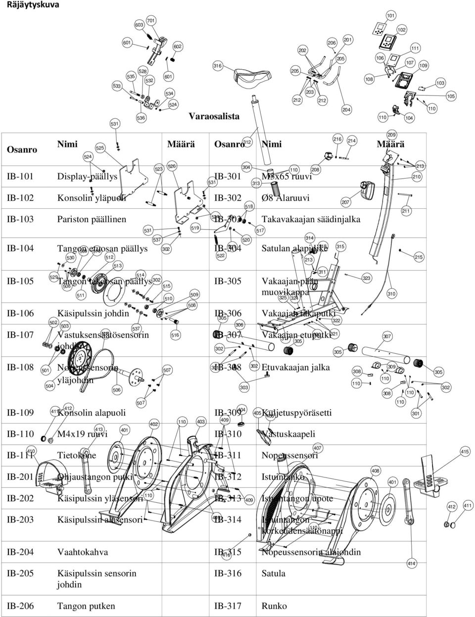 Satulan alapidike IB-105 302 Tangon takaosan päällys IB-305 Vakaajan pään muovikappa IB-106 Käsipulssin johdin IB-306 Vakaajan takaputki IB-107 IB-108 501 502 503 504 529 530 508 509 511 524 525 510