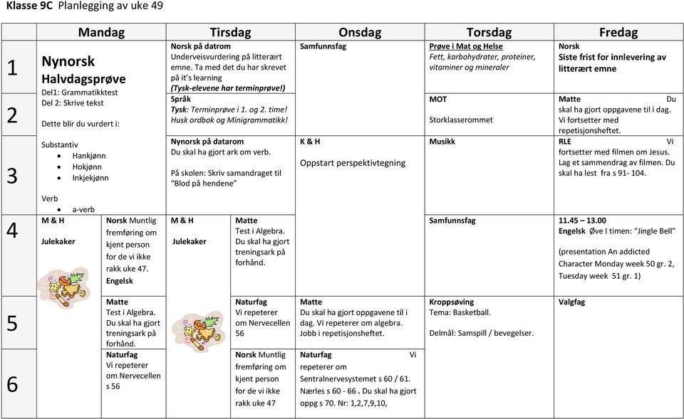 Ta med det du har skrevet på it s learning Tysk: Terminprøve i 1. og. time! Husk ordbok og Minigrammatikk! Nynorsk på datarom Du skal ha gjort ark om verb.