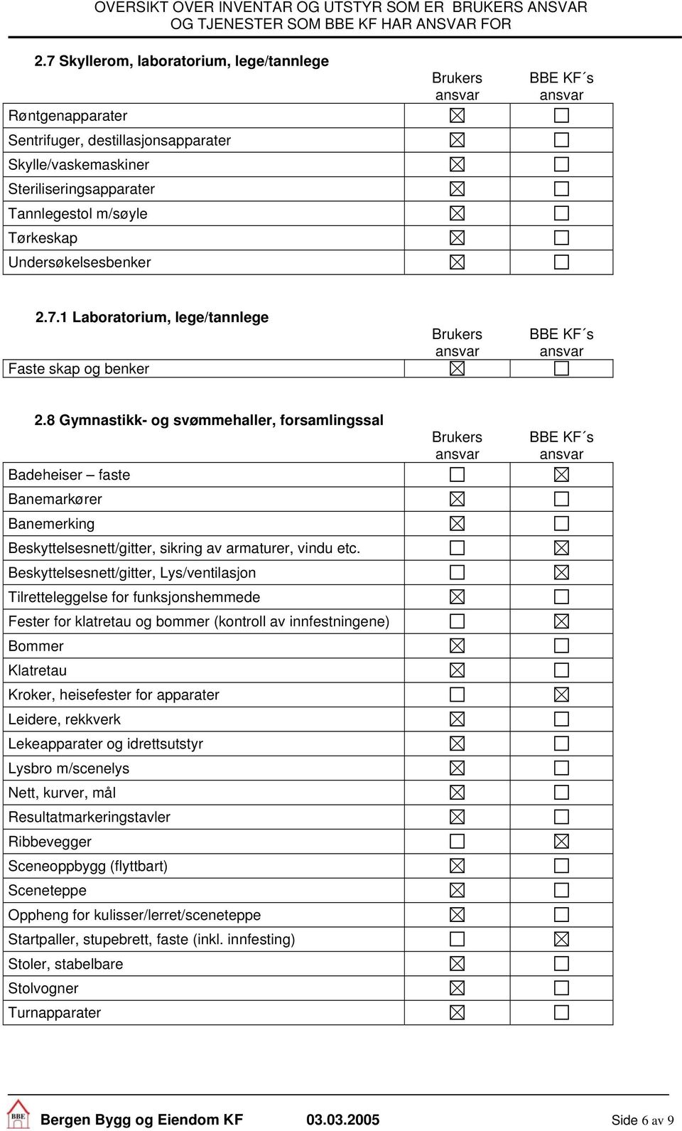 Bskyttlssntt/gittr, Lys/vntilasjon Tilrttlggls for funksjonshmmd Fstr for klatrtau og bommr (kontroll av innfstningn) Bommr Klatrtau Krokr, hisfstr for apparatr Lidr, rkkvrk Lkapparatr og