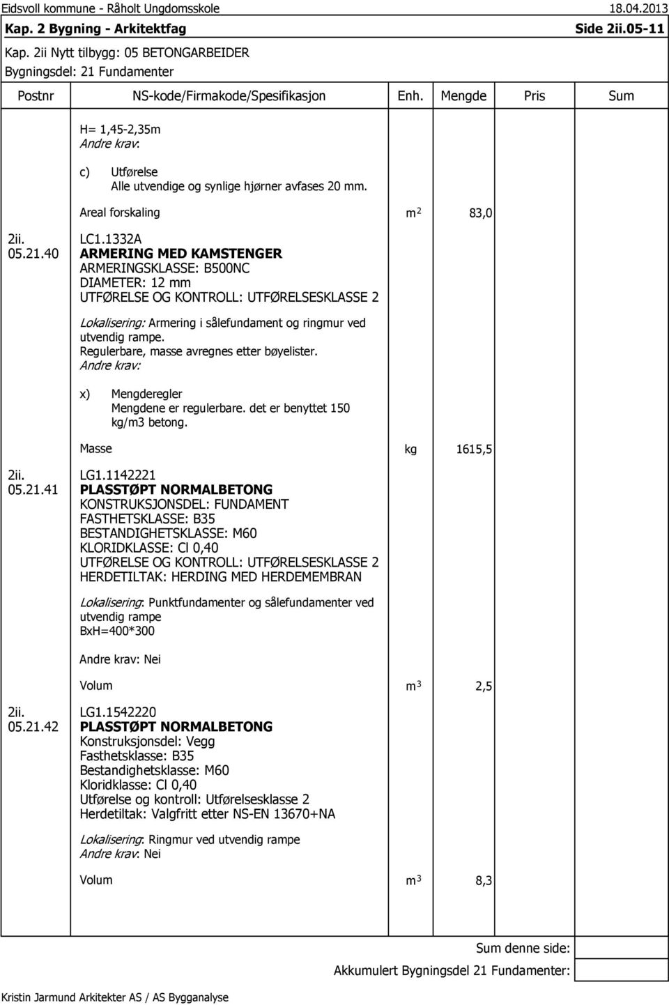 Regulerbare, masse avregnes etter bøyelister. x) Mengderegler Mengdene er regulerbare. det er benyttet 150 kg/m3 betong. Masse kg 1615,5 05.21.41 LG1.