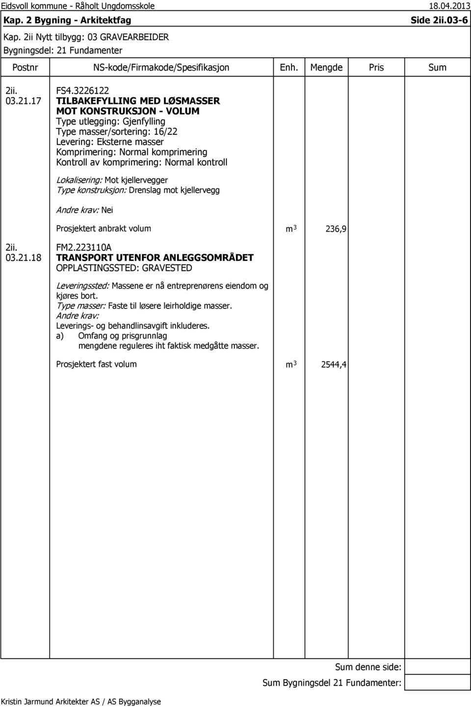 komprimering: Normal kontroll Lokalisering: Mot kjellervegger Type konstruksjon: Drenslag mot kjellervegg Prosjektert anbrakt volum m 3 236,9 03.21.18 FM2.