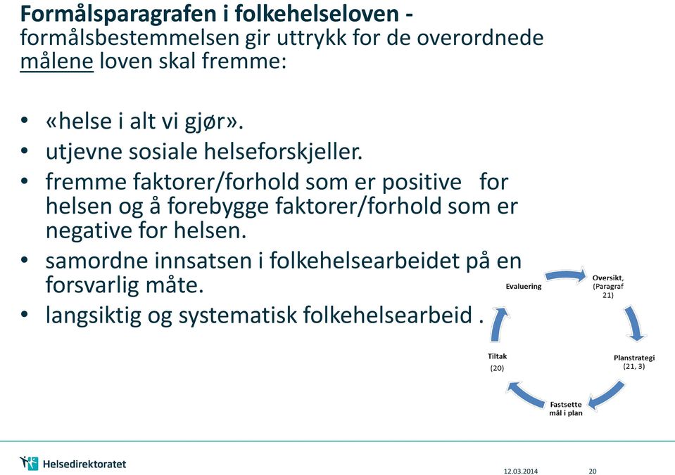 fremme faktorer/forhold som er positive for helsen og å forebygge faktorer/forhold som er negative