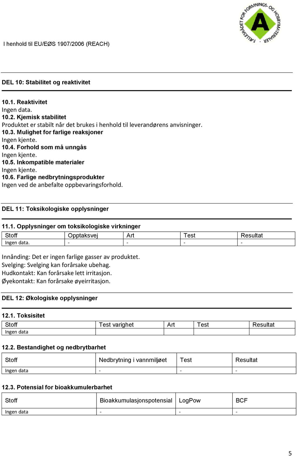 Svelging: Svelging kan forårsake ubehag. Hudkontakt: Kan forårsake lett irritasjon. Øyekontakt: Kan forårsake øyeirritasjon. DEL 12: Økologiske opplysninger 12.1. Toksisitet Stoff Test varighet Art Test Resultat Ingen data 12.